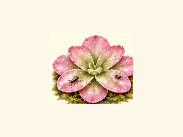 Botanical illustration of a pink butterwort rosette with glistening leaves.