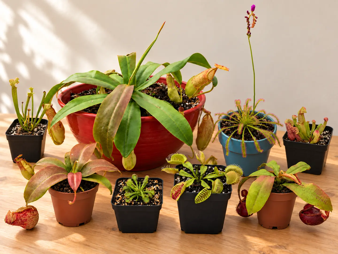 A collection of eight carnivorous plants from House of Carnivores, including Nepenthes, sundews, a Venus flytrap, and two kinds of Sarracenia.
