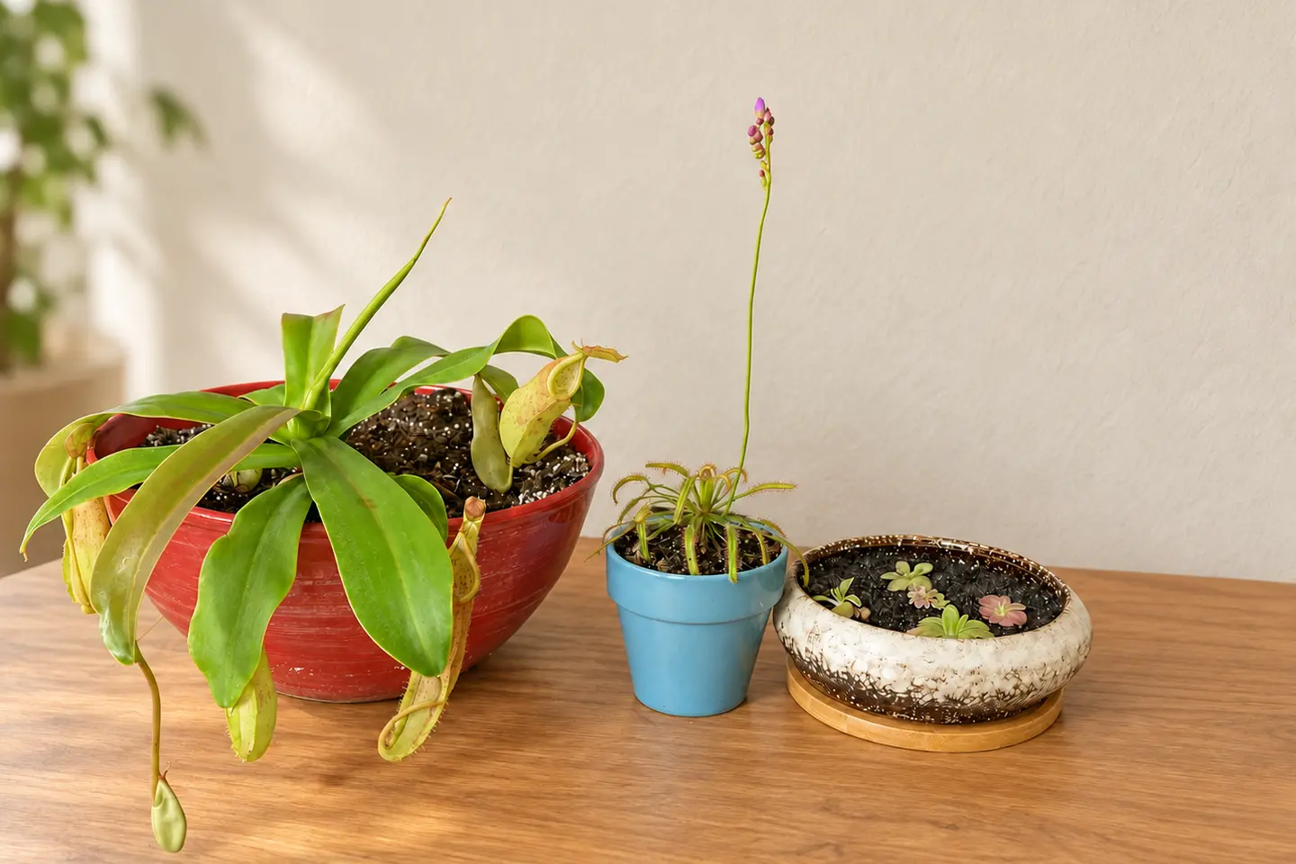 The original carnivorous plant collection that inspired House of Carnivores, including Nepenthes, a flowering sundew, and butterworts.