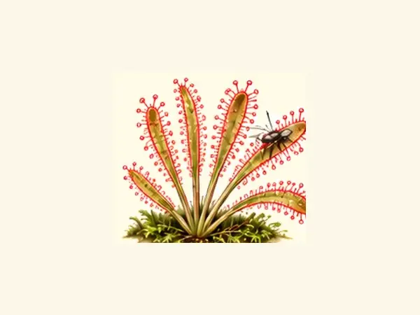 Botanical illustration of a Cape sundew holding an insect on its sticky tentacles.