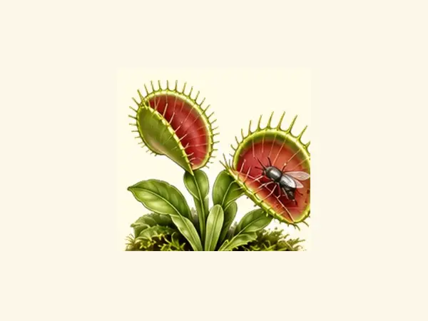 Botanical illustration of a Venus flytrap closing around an insect.